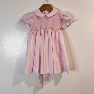 Vintage 80s Dress 18M Smocked Rose Floral Embroidery Pink Peter Pan Collar